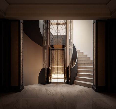 Lift Lobby Design Residential, Lobby Design Residential, Lift Lobby Design, Luxury Stairs, House Lift, Glass Lift, Elevator Design, Glass Elevator, Interior Architecture Drawing