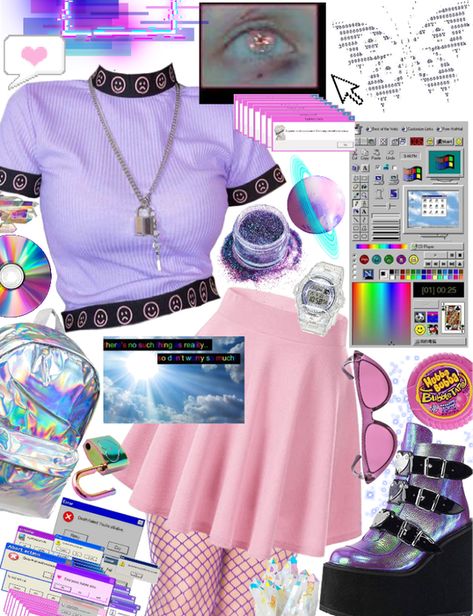 Kawaii Cybercore Outfits, Vaporwave Outfit Aesthetic, Seapunk Outfit, Vapor Wave Aesthetic Outfits, Hyperpop Outfit, Aliencore Outfit, Webcore Outfits, Space Themed Outfits, Vaporwave Aesthetic Fashion