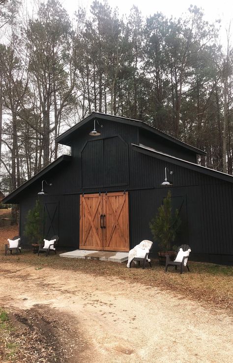 Black Barns Exterior, Barn For Animals, Black Metal Barn, Black And White Pole Barn, Gray Pole Barn With Black Doors, Barn Light Electric, Barn Shop, Black Houses, Black Barn