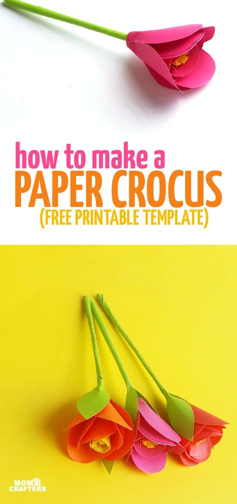 Learn how to make these beautiful paper crocus flowers - easy DIY paper flowers for beginners! It includes a free printable template to make your own from scratch Paper Flowers Diy Easy, April Crafts, Paper Party Decorations, Origami Rose, Crocus Flower, Easy Paper Flowers, Paper Flower Crafts, Paper Flower Template, How To Make Paper Flowers