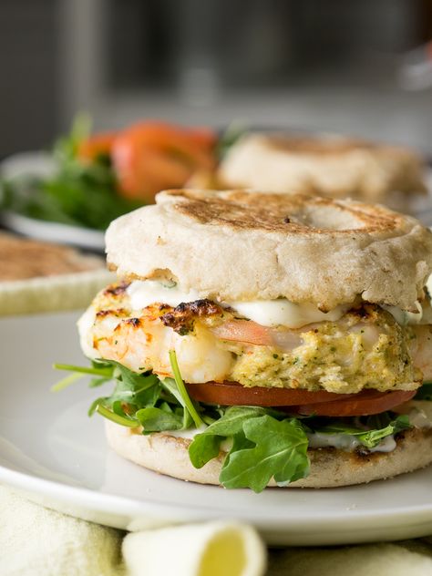 Tender Grilled Shrimp Burgers | I Wash You Dry Shrimp Burgers, Shrimp Burger, Lemon Garlic Sauce, English Muffin Recipes, Baked Peach, Breakfast Burger, Quick Breakfast Recipes, Paleo Pumpkin, English Muffins