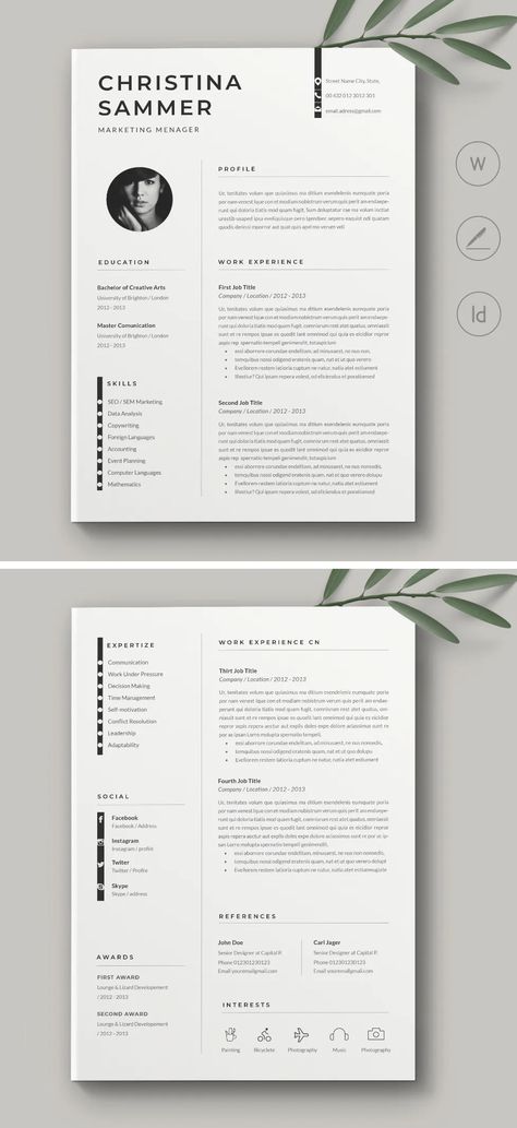 Resume CV Template MS Word & InDesign. 2 page Resume + Cover Letter 2 Pages Resume, 2 Page Cv Template, Two Page Resume Design, Creative Cv Template Free, Ux Resume, Cv Photo, Resume Design Inspiration, Basic Resume Examples, Professional Resume Design