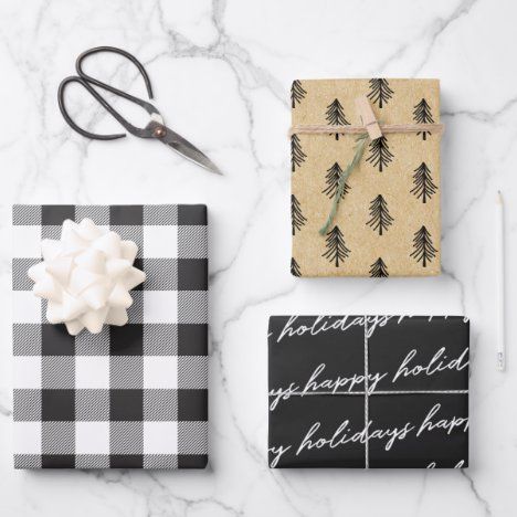 Farmhouse Black Buffalo Check Calligraphy Holiday Wrapping Paper Sheets White Xmas Tree, Typography Christmas, Funny Holiday Cards, Buffalo Check Christmas, Holiday Wrapping, Holiday Wrapping Paper, Black And White Tree, Merry Christmas Greetings, Patterned Sheets