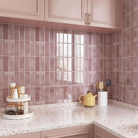 CRE8TIVE 16 Sheets Straight Linear Backsplash Tile for Kitchen Peel and Stick Tile Stick on Backsplash for Kitchen 12"x12" Self Adhesive Temporary Backsplash Subway Wall Tile for Bathroom Laundry Room - Amazon.com Countertop Lip Backsplash, Pink Backsplash Kitchen Tile, Pink Tile Kitchen, Pink Kitchen Backsplash, Temporary Backsplash, Sticker Backsplash, Stick On Backsplash, Peel And Stick Tile Backsplash, Tile For Bathroom