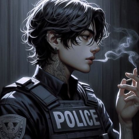 Man In Leather Jacket Aesthetic, Police Officer Art, Hot Police Officer, Character Inspiration Male, Dark Anime Guys, Digital Portrait Art, Boy Character, Cool Anime Guys, Aesthetic Guys