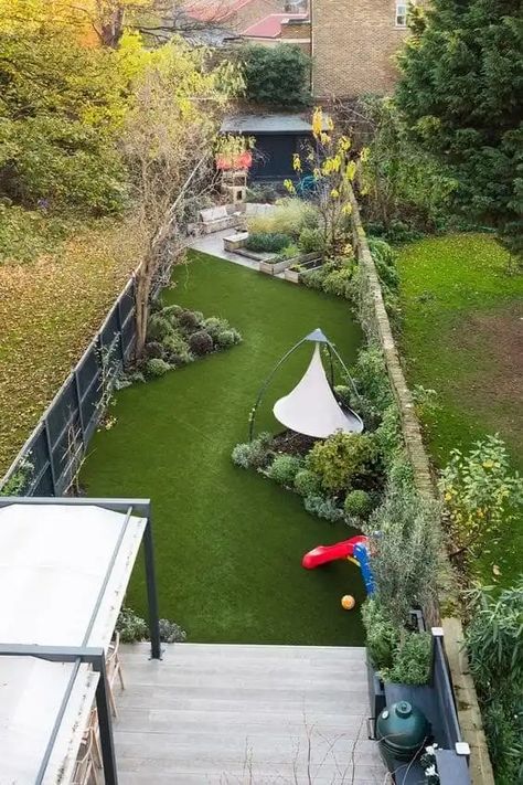 Long Narrow Backyard Landscaping, Narrow Backyard, Long Narrow Garden Ideas, Narrow Garden, Side Garden, Backyard Landscaping, Lake House, Garden Design, Yard