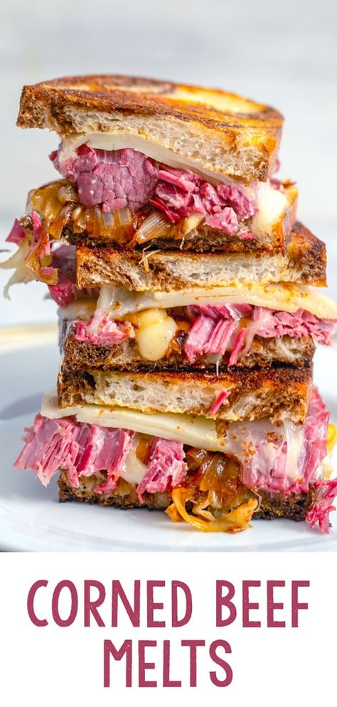 Corned Beef Melts -- These Corned Beef Melts are the perfect solution to your St. Patrick's Day leftovers. But they're so delicious, they'll have you making corned beef just so you can enjoy these sandwiches! | wearenotmartha.com #cornedbeef #sandwiches #stpatricksday #melts #leftovers World Dessert Recipes, Corned Beef Leftovers, Baked Corned Beef, Corned Beef Sandwich, Grilled Ham And Cheese, Grainy Mustard, Melt Recipe, Grilled Ham, Corned Beef Recipes