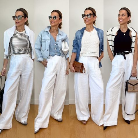 How To Style Linen Pants – Her Fashioned Life White Pants Outfit Linen, Linen Pants Styling, Casual Summer Trousers, Gray Linen Pants Outfit, How To Style White Linen Pants, What To Wear With White Pants, Wide Linen Pants Outfit, Linen Wide Leg Pants Outfits, White Linen Pants Outfit Casual