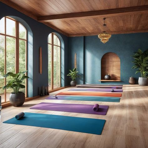 Namaste in this beautiful yoga room! Filled with natural light and warmth, this inviting space boasts wood floors and rolled up yoga mats ready for you to begin your practice. Would you practice yoga in this room? Let us know in the comments! Boho Chic Yoga Studio, Yoga Room Office, Yoga Studio Ceiling Ideas, Yoga Studio Flooring, Blue Yoga Studio, Yoga Basement, Colorful Yoga Studio, Boho Yoga Studio, Backyard Yoga Space