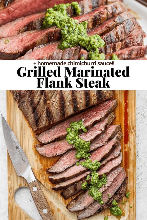 marinated flank steak recipe Flank Steak With Chimichurri Sauce, Flank Steak With Chimichurri, Flank Steak Chimichurri, Green Sauce Recipe, Marinade Flank Steak, Steak With Chimichurri, Flank Steak Tacos, Steak With Chimichurri Sauce, Marinated Flank Steak