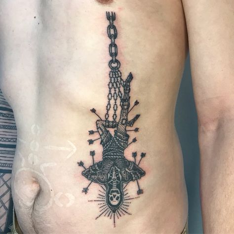 The hanged man tarot tattoo Hanging Man Tattoo, The Hanged Man Tattoo, Hanged Man Tattoo, Tarot Card Tattoo Hanged Man, Hangman Tarot Tattoo, Tarot Cards Tattoo, Hanged Man Tarot Tattoo, The Hanged Man Tarot Card Art, Tarot Hanged Man