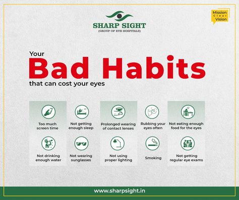 There are habits that you might not realize are putting your eyes on risk. Not getting enough sleep, smoking, too much screen time, not getting regular eye exams etc. are bad habits that increase the risk of eye problems. So it is important to break bad habits to ensure the good functioning of the eyes.  Get comprehensive eye check up @ Rs. 99/- only.  For appointments, call: Delhi NCR: Srinagar: Or visit www.sharpsight.in  #badhabits #habits #sharpsight #eyecare #eyetips #health #healthcare Eye Facts, Eye Twitching, Eye Problems, Natural Face Cleanser, Cramps Relief, Lenses Eye, Break Bad Habits, Eye Exam, Baking Soda Shampoo