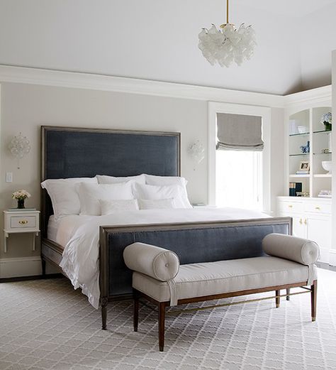 Color Spotlight: Benjamin Moore Pale Oak Navy Blue Headboard, Pale Oak Benjamin Moore, Benjamin Moore Pale Oak, Blue Velvet Headboard, Blue Gray Bedroom, Home Wall Colour, Grey Bedroom Design, Double Bed With Storage, Blue Headboard