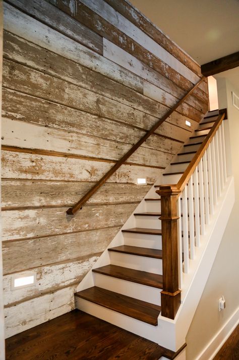 Old House Remodel, Farmhouse Stairs, Stairwell Wall, Film Decor, Rustic Stairs, Basement Garage, Remodel Basement, Barn Siding, Old Home Remodel