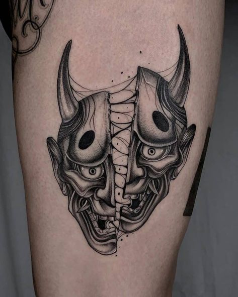 Three Faces Tattoo, 3 Faces Tattoo, Hanya Mask Tattoo, Faces Tattoo, Hannya Maske, Oni Maske, Japanese Mask Tattoo, Herren Hand Tattoos, Oni Mask Tattoo