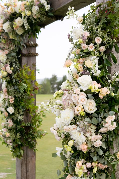 Beautiful Outdoor Ceremony Floral Altar - Muted Pastels - Gorgeous Tented Summer Wedding in Park City, Utah Muted Pastels, Ceremony Aisle, Altar Decor, Fancy Wedding, Ceremony Ideas, Park City Utah, Ceremony Flowers, Floral Inspiration, Altar Decorations