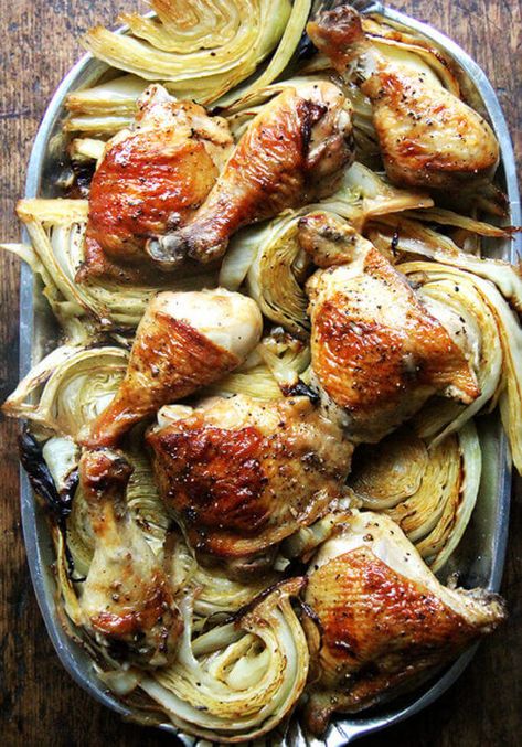 This is one of my all-time favorite sheet pan suppers: chicken and cabbage. The chicken and cabbage are tossed with a mix of sesame oil, soy sauce, rice vinegar, coconut oil and Sriracha. The chicken gets golden and crisp; the cabbage gets caramelized and sweet... it's all so good. #sheetpansupper #chicken #chickendinner #cabbage Sheet Pan Suppers Chicken, Chicken With Cabbage, Soy Dressing, Soy Sauce Rice, Pan Roast, Chicken Cabbage, Cabbage Steaks, Chicken And Cabbage, Sheet Pan Chicken