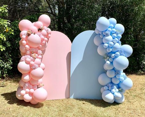 Gender Reveal Venue Decor, Double Gender Reveal Ideas, Gender Reveal Back Drops Party Ideas, Gender Reveal Arch Backdrop, Gender Reveal Backdrop Ideas Outside, Gender Reveal Balloon Arch, Gender Determination, Gender Reveal Backdrop, Gender Reveal Decor