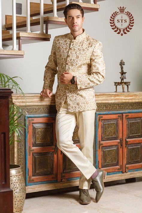 Jaipuri For Men, Bandh Gala Suits For Men, Rajputi Dress For Men, Khaki Jacket Outfit, Jodhpuri Suits For Men Wedding, Pakistani Engagement Dresses, Engagement Dress For Men, Jodhpuri Suits, Suit For Men Wedding