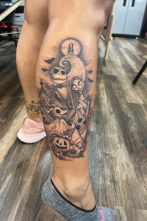 Jake And Sally Tattoos, Small Jack And Sally Tattoo Ideas, Jack Sally And Zero Tattoo, Tim Burton Leg Tattoo, Jack And Sally Tattoo Ideas, Jack Skellington Tattoo Ideas, Jack And Sally Tattoo Couple, Nightmare Before Christmas Tattoo Design, Jack Skeleton Tattoo