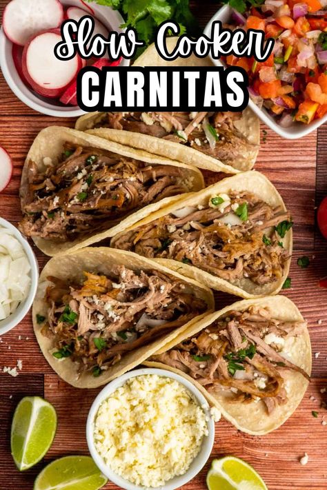 Slow cooker carnitas combine perfectly-cooked, tender pork roast with classic Mexican spices to create a rich pork dish perfect for tacos, burritos, and more. These easy crock pot carnitas make this authentic Mexican dish even easier to make! Carnitas Crockpot Recipes, Pork Roast Crock Pot Recipes Mexican, Crockpot Pork Tacos, Carnitas Crock Pot, Rump Roast Crock Pot Recipes, Tender Pork Roast, Crockpot Carnitas Recipes, Crock Pot Carnitas, Crockpot Pork Shoulder