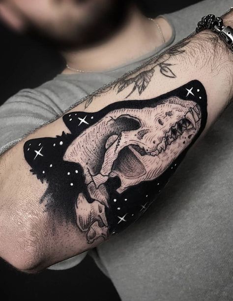 Wolf Jaw Tattoo, Jaw Line Tattoo, Dog Skull Tattoo, Wolf With Skull Tattoo, Illustrative Wolf Tattoo, Wolf Skull Tattoo, Skull And Hati Wolves Tattoo, Gothic Wolf Tattoo, Wolf Tattoo Ideas