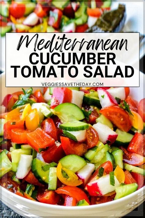 Mediterranean Cucumber Tomato Bell Pepper Salad is colorful and refreshing. Enjoy it as a side or light meal. It's easy to make in 15 minutes! Picnic Salad Recipes, Salads Without Lettuce, Mediterranean Cucumber, Picnic Salads, Bell Pepper Salad, Vegan Mediterranean, Pepper Salad, Mediterranean Meals, Fresh Salad Recipes