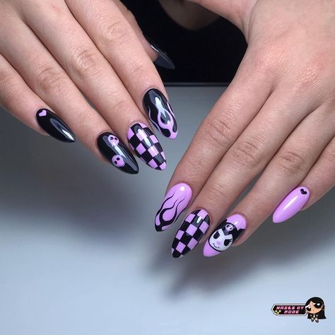 Kuromi Inspired Nails Simple, Alternative Nails Acrylic, Cute Kuromi Nails, Kuromi Nails Simple, Nail Kuromi, Kuromi Inspired Nails, Kuromi Nails Short, Nails Kuromi, Cute Nails Kuromi