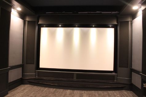 Proper speaker placement in screen wall. - AVS Forum | Home Theater Discussions And Reviews Theater Room Speaker Setup, Basement Media Room Ideas, Home Theater Screen, Home Theater Curtains, House Cinema, Basement Theater, Home Theater Screens, Theater Room Decor, Theatre Ideas