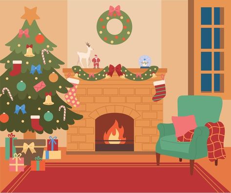 Christmas House Drawing, Fireplace Illustration, Fireplace Cartoon, Fireplace Drawing Sketch, Christmas Fireplace Illustration, Cozy Fireplace Drawing, Fireplace Illustration Drawing, Fireplace Illustration Christmas, Christmas Living Room Illustration