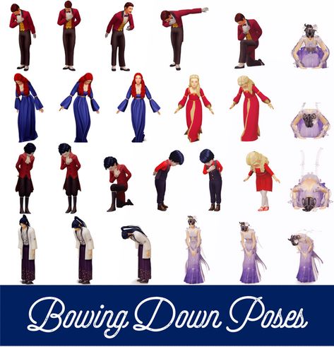 Bowing Down Poses: | Atashi77 on Patreon Bow Down Pose Reference, Sims4 Poses, Sims 4 Stories, Sims 4 Medieval, Sims 4 Royal, Royalty Dress, Sims Stories, Poses Sims 4, Ts4 Poses