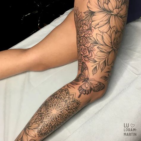 Tattoo // Portfolio – Lu Loram-Martin Leg Sleeves For Females, Tattoo Bein Frau, Back Of Leg Tattoos, Full Leg Tattoos, Favorite Tattoos, Thigh Tattoos, Leg Tattoos Women, Leg Sleeve Tattoo, Dope Tattoos For Women