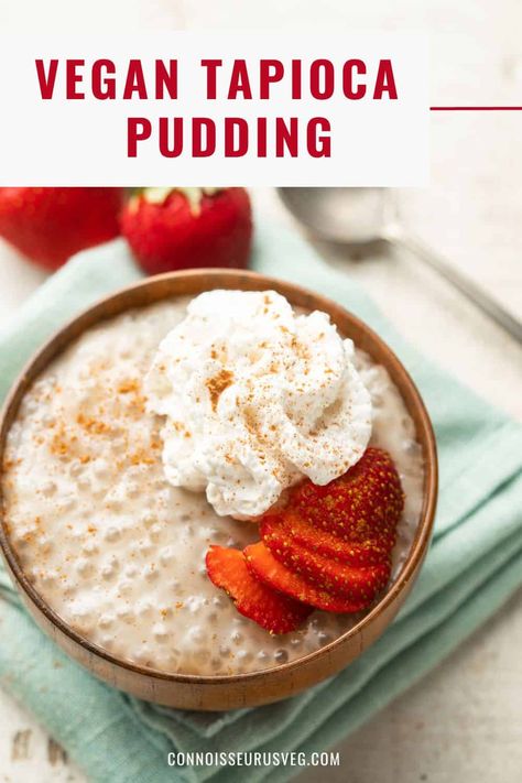 This vegan tapioca pudding is rich, creamy, and bursting with delightful tapioca pearls. A sweet dairy-free treat that's easy to make with just a handful of ingredients. Tapioca Pudding Vegan, Vegan Tapioca Pudding Recipe, Dairy Free Tapioca Pudding, Vegan Tapioca Pudding, Vegan Puddings, Coconut Tapioca Pudding, Tapioca Dessert, Tapioca Recipes, Vegan Pudding