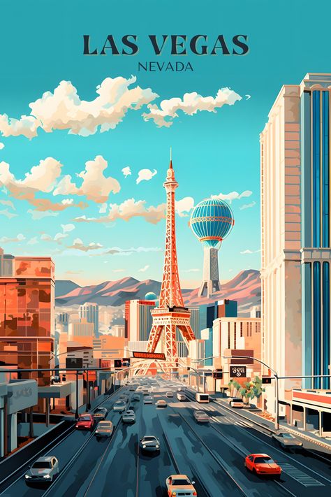 Retro Travel Wall Art: Las Vegas, Nevada #TravelArt #WanderlustArt #ExploreCreativity #ArtisticAdventures #GlobalArtistry #skommunizdil Las Vegas Postcard, Poster Prints Travel, Las Vegas Illustration, Vintage Travel Posters Art Deco, Las Vegas Poster, Las Vegas Art, Encouraging Gifts, Art Deco Travel Posters, City Posters