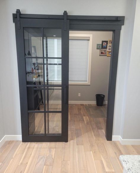 Twist on an office door set up from two swing doors to one stationary sidelight and a barndoor installed this past week! Before photo at the end! #woodwork #hgtv #modernrustic #build #create #design #home #house #interiordesign #yyc #yeg #ymm #barndoor Doors For Office Room, Double Office Doors, Office With Barn Door, Office Door Ideas, Office Doors For Home, Home Office Door Ideas, Interesting Doorways, Interior Doors Stained, Small Office Ideas Home