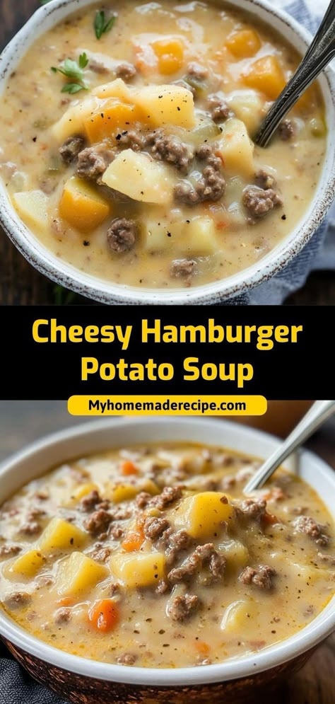 This cheesy hamburger potato soup is creamy, hearty, and perfect for cold days. Packed with ground beef, potatoes, and melted cheese, it’s comfort in a bowl! Ingredients: 1 lb ground beef 3 potatoes, diced 1 cup shredded cheddar cheese 4 cups beef broth Cheesy Beef And Potato Soup, Creamy Cheeseburger Potato Soup, Hamburger For Breakfast, Cheesy Hamburger Potato Soup Crock Pot, Crock Pot Hamburger Potato Soup, Ground Beef Potato Soup Crock Pot, Ground Beef And Beef Broth Recipes, Cheese Burger Potato Soup, Cheesy Potato Hamburger Soup