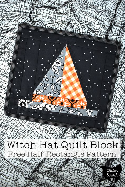 Witch Hat Quilt Block Pattern, Witch Hat Quilt Block Pattern Free, Halloween Table Runners Patterns Free, Hat Quilt Block Pattern, Witch Hat Quilt, Halloween Quilt Blocks, Witch Quilt, Halloween Fabric Crafts, Witch Pattern