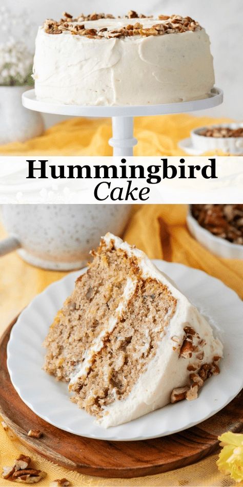 If you're looking for a cake with major wow factor, this is the one. This hummingbird cake recipe makes an ultra-moist cake packed with tropical flavors and topped with an addictive cream cheese frosting and pecans. The presentation is beautiful but the taste keeps everyone coming back for more! Hummingbird Cake Recipe, Cake Flavours, Hummingbird Cake Recipes, Popular Desserts Recipes, Southern Cake, Cookie Cookbook, Most Popular Desserts, Hummingbird Cake, Moist Cake