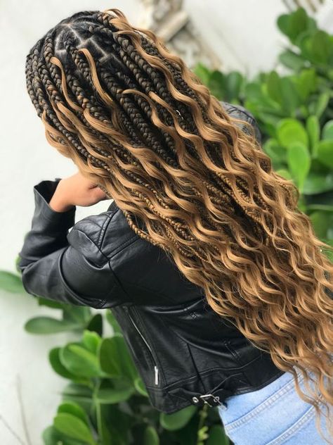 Big Knotless Box Braids With Curls And Color, 1b/27 Box Braids, Braids For Black Women 2023, Large Goddess Braids, Braids With Jewels, Honey Blonde Goddess Braids, Angel Braids, Bora Braids, Juliana Nalu