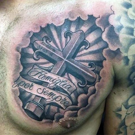 Cross On Chest Tattoo Men, Cross Banner Tattoo, Men’s Cross Chest Tattoos, Cross With Banner Tattoo Design, 3d Cross Tattoo, Upper Chest Tattoo, Tyler Tattoo, Cross Tattoo Designs For Men, Cross Banner