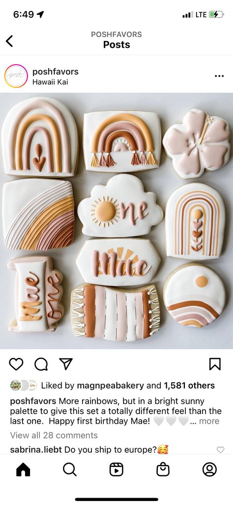 Boho Rainbow Royal Icing Cookies, Rainbow Boho Cookies, Boho Sunshine Cookies, Boho Rainbow Birthday Cookies, Boho Rainbow Birthday Party Food, Boho First Birthday Cookies, Boho Rainbow Cookies First Birthday, Boho Decorated Cookies, Rainbow First Birthday Cookies