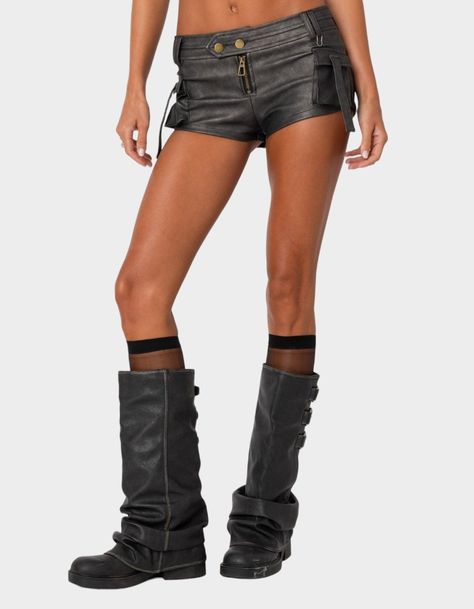 These Faux Leather Shorts Are The Ultimate Go-To Piece For All Your Spring/summer Plans. This Classic Staple Item Will Go With Everything In Your Closet, So You'll Never Be Left Wondering What To Wear. Shorts. Cargo Style Detailing. Front Zip Closure. Faux Leather Fabric. 50% Polyurethane, 50% Polyester. Model Wears Size S. Model Height Is 5'9. Item Care: Machine Wash At Maximum 30ºc, Do Not Bleach, Do Not Tumble Dry, Do Not Iron, Do Not Dry Clean. | Edikted Washed Faux Leather Micro Cargo Shorts Brown Leather Shorts, Edc Orlando, Brown Leather Top, Faux Leather Shorts, Summer Plans, Punk Outfits, Cargo Style, Shorts Cargo, Faux Leather Fabric