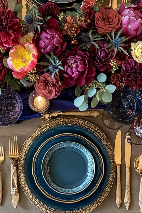 Embrace bold jewel tones for a vibrant and unique Thanksgiving color scheme. #ThanksgivingColors #BoldDecor #JewelTones Jewel Tones Birthday Party, Jewel Tones Table Setting, Royal Color Palette Jewel Tones, Jewel Toned Wedding Decor, Jewel Themed Party, Jewel Tone Tablescape, Jewel Tone Wedding Centerpieces, Blue Jewel Tone Wedding, Fall Jewel Tone Wedding