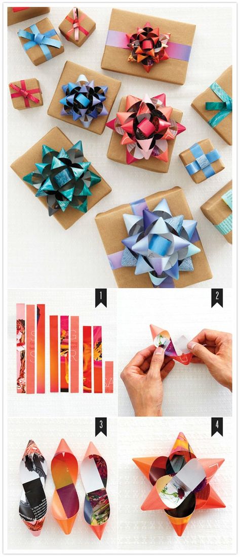 I may never buy bows again. How to make them out of a page of a magazine, or any colorful paper How To Make A Gift Bow, Navidad Diy, Gift Bows, Wrapping Ideas, Make A Gift, Crafty Craft, Diy Projects To Try, Hippie Style, How To Make Bows