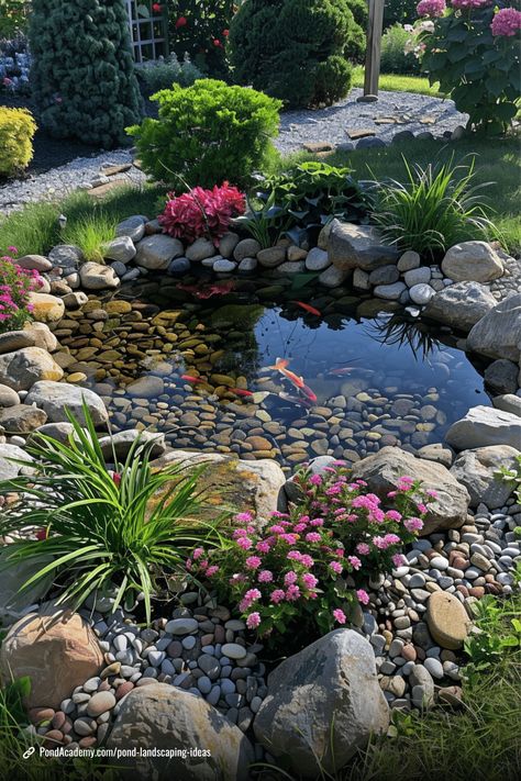 30 Truly Unique Pond Landscaping Ideas & Designs Garden Fish Pond Ideas, Koi Fish Pond Backyard, Backyard Fish Pond Ideas, Mini Pond Ideas, Backyard Fish Pond, Pond Landscaping Ideas, Diy Backyard Pond, Fish Pond Ideas, Pond With Fish