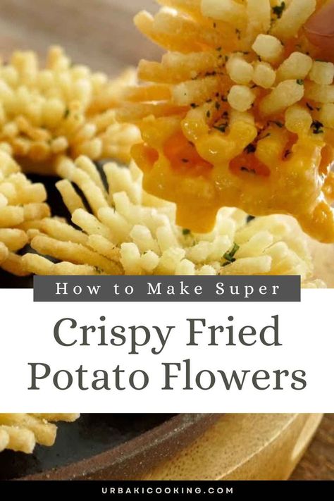 Get ready to elevate your potato game to a whole new level with the delectable creation known as "Super Crispy Fried Potato Flowers." These delightful and visually stunning potato flowers are not just a treat for your taste buds but also a feast for your eyes. Imagine thinly sliced potatoes, perfectly seasoned and meticulously arranged into delicate flower shapes, then deep-fried to golden perfection. The result is a masterpiece that boasts irresistible crispiness on the outside... Deep Fried Sides, Flower Potatoes, Potato Flowers, Potato Flower, Potato Flowers Recipe, Red Skin Potatoes Recipe, Deep Fried Potatoes, Classic Mashed Potatoes, Unique Side Dishes