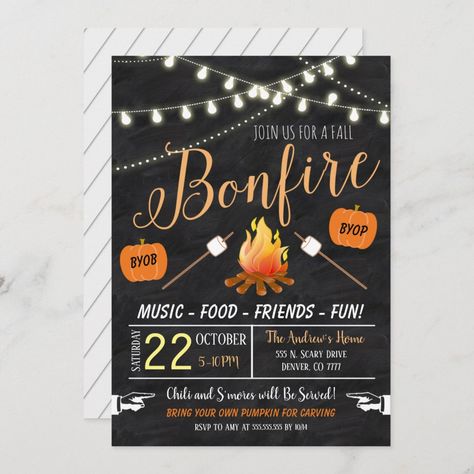 Bonfire Invitations, Fall Bonfire Party, Bonfire Party Invitations, Bonfire Birthday Party, Bonfire Birthday, Smores Party, Fall Party Invitations, Fall Bonfire, Fall Harvest Party