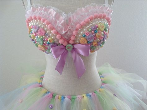 225Hey, I found this really awesome Etsy listing at https://www.etsy.com/listing/190059699/sweetheart-candy-outfit-and-chocker-in Decorated Bras, Candy Clothes, Sweetheart Candy, Rave Dance, Fantasy Fest, Rave Fits, Rave Costumes, Art Outfit, Pretty Quinceanera Dresses