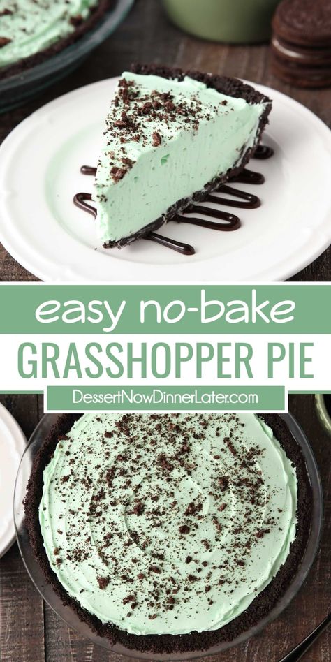 This Grasshopper Pie Recipe is completely no-bake with a minty cream cheese filling and Oreo crust. A non-alcoholic variation without marshmallows that's super simple to make. Mint chocolate lovers will enjoy this easy pie. Grasshopper Pie Recipe, Mint Pie, Mint Desserts, Grasshopper Pie, Junior Mints, Healthy Summer Desserts, Frozen Pie, Chocolate Crust, Easy Pie Recipes