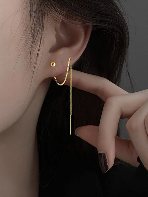 Yellow Gold Fashionable Collar Copper Threader Earrings Embellished Women's Fashion Jewelry Gold Cartilage Earrings, Second Hole Earrings, Earring Cuff Chain, Chain Threader Earrings, Gold Bead Earrings, Long Chain Earrings, Pretty Jewelry Necklaces, Classy Jewelry, Gold Earrings Designs